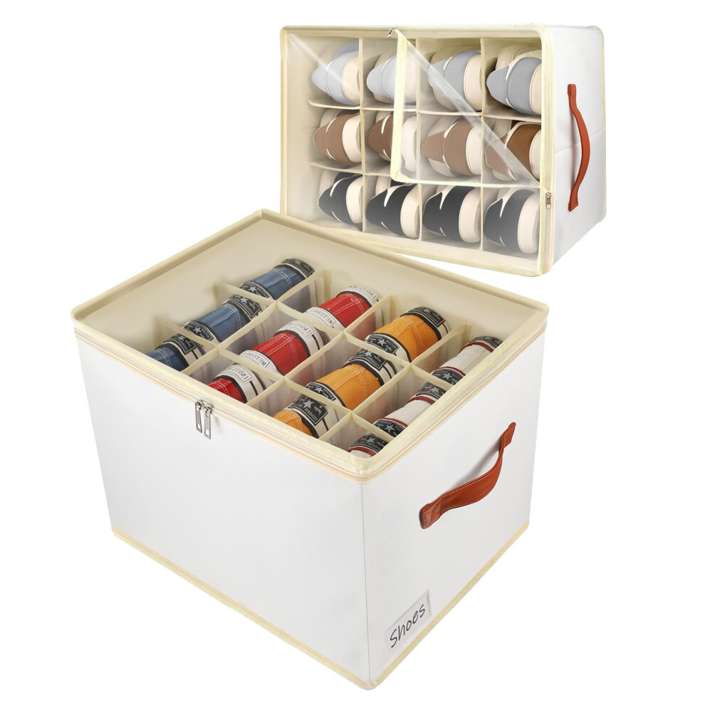 Patinao 2 Pack Shoe Storage Box Organiser For Closet - 24 Cell Space Saver Shoes Containers Bin With Clear Lids Stackable, Can Fit Ottoman, Foldable