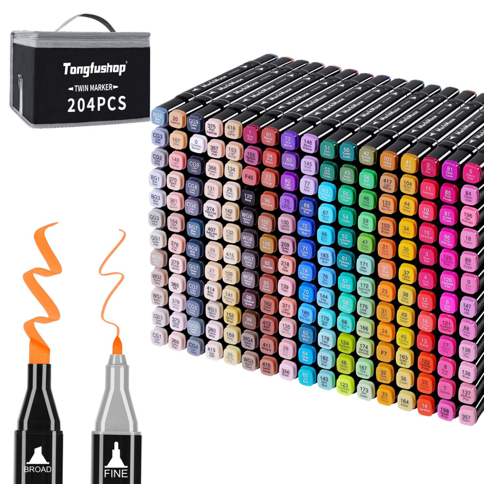 Tongfushop 204 Colored Marker Set, Colouring Pens, Art Pens, Felt Tip Pens, Double Tip Paint Pens for Drawing, Sketching, Anime and Manga with