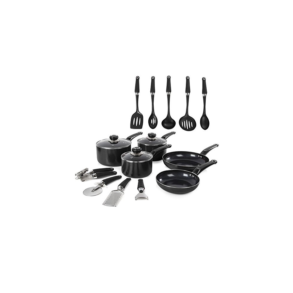 Morphy Richards Equip 14 Piece Cookware Set (3 Pots+ 2 Saucepans + 9 Utensils), Black, Aluminium