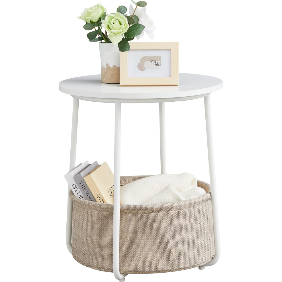 VASAGLE Side Table, Round End Table with Fabric Basket, Spacious, for Living Room Bedroom, Bedside Table, Modern Style, White and Beige LET223W10