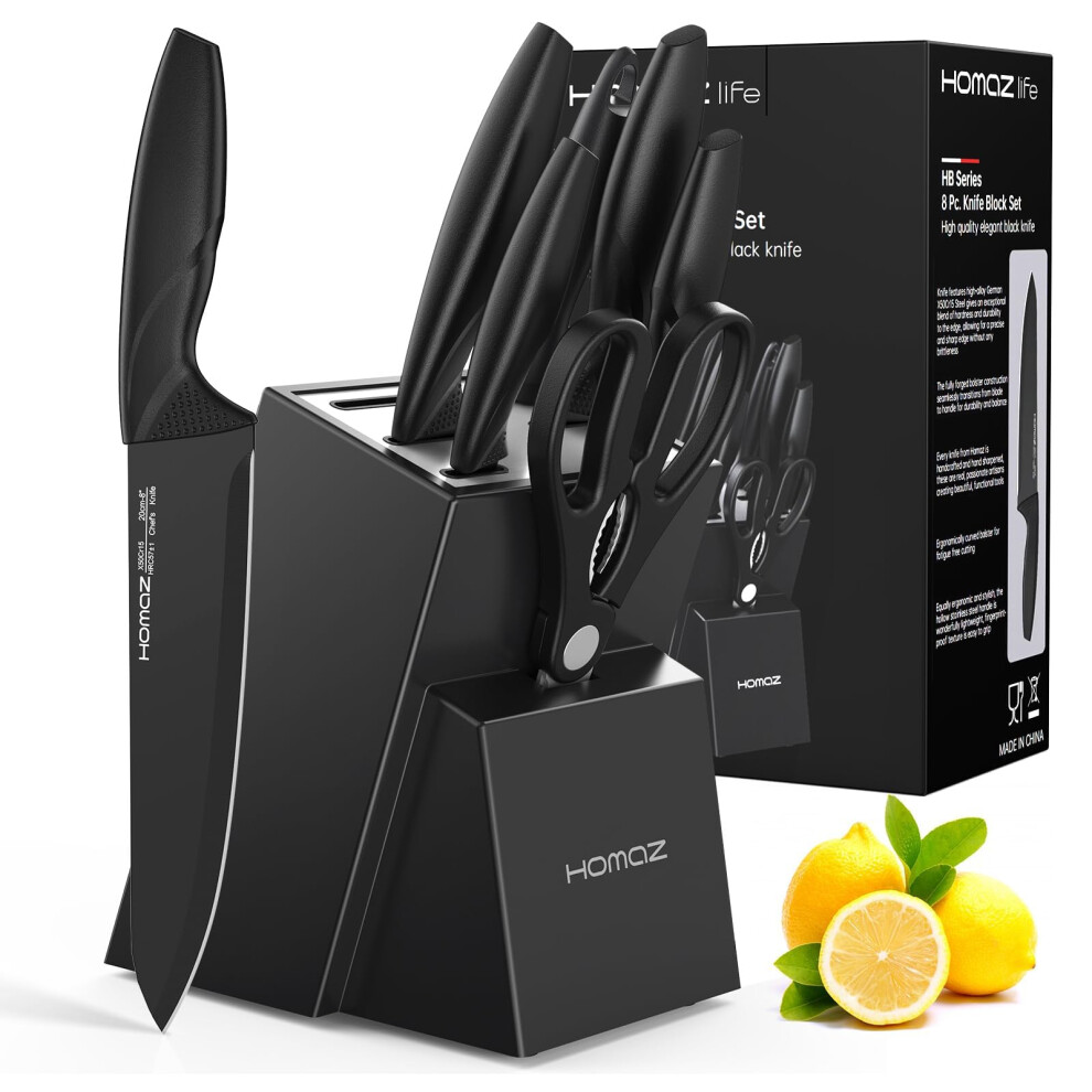 Knife Set with Block, Kitchen Knife Sets 8 Piece with Sharpener, Kitchen Knives for Chopping, Slicing, Dicing Cutting by Homaz life