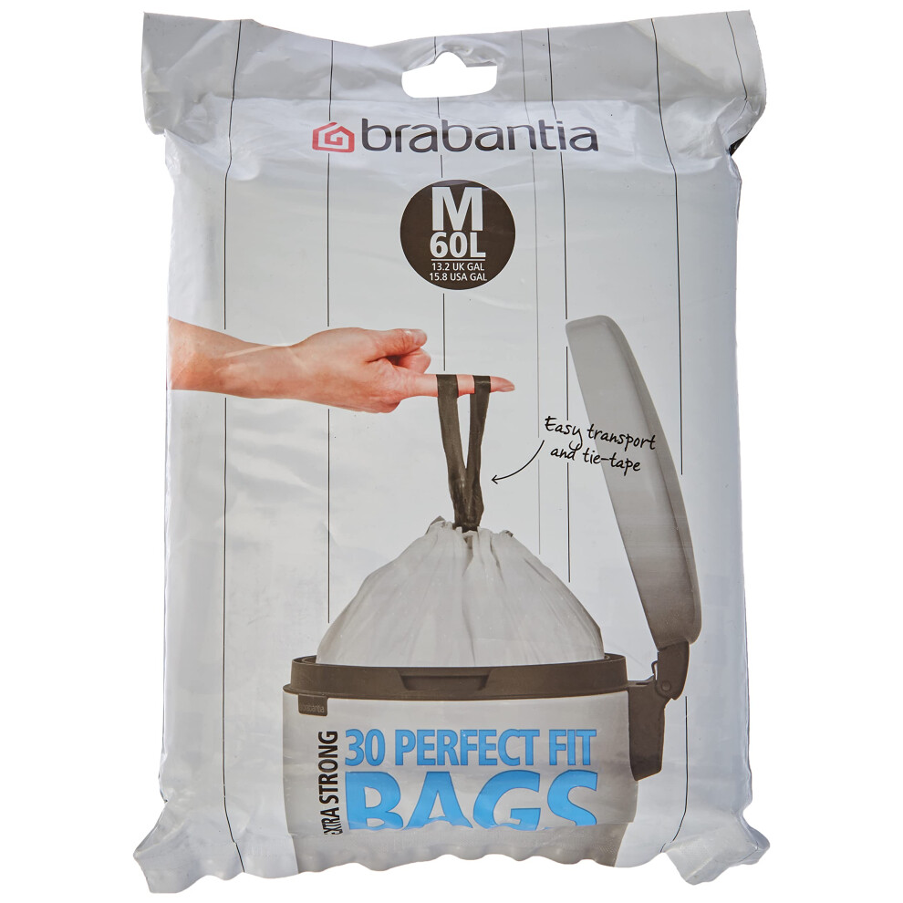 Brabantia PerfectFit Bin Liners (Size M/60 Litre) High Quality Thick Plastic Trash Bags with Tie Tape Drawstring Handles (30 Bags), White