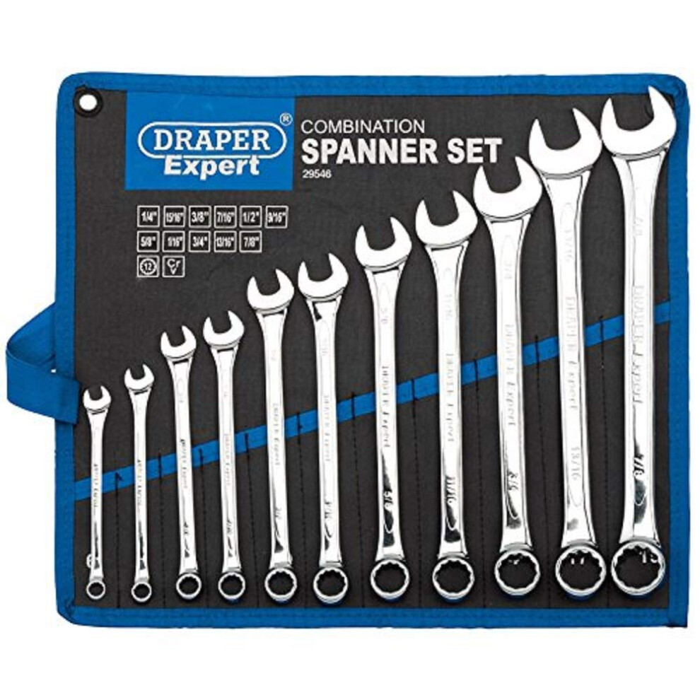 Draper Expert HI-TORQ? 1/4" to 7/8" Combination Spanner Set | 11 Piece Chrome Vanadium Steel Hand Tools | Imperial Manual Plated Tools | 29546