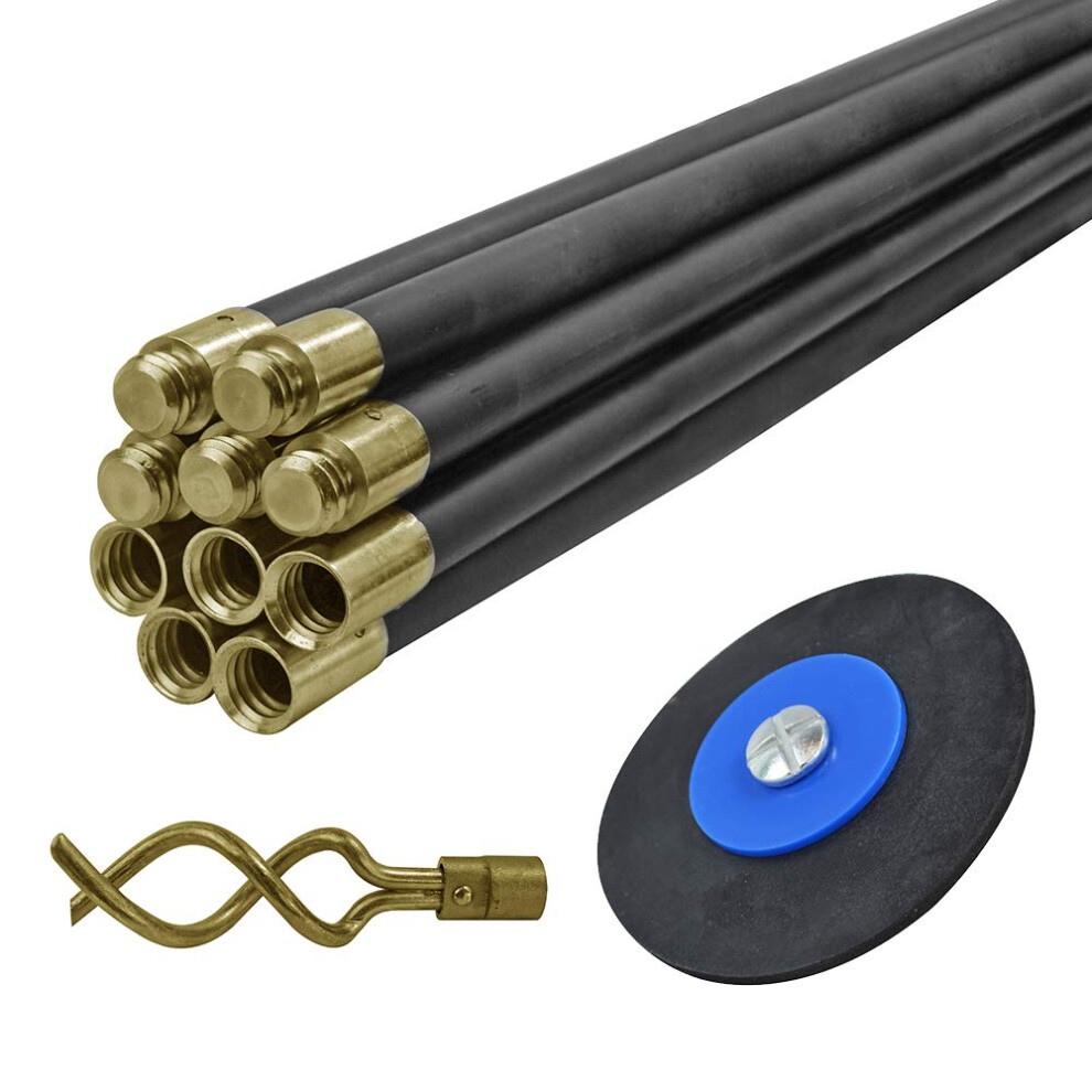 Faithfull FAIDRSET12 Drain Rod Set 9M (30ft) 10 x Rods, plunger, worm. Brass Rod Commectors