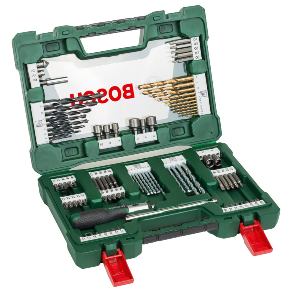 Bosch 91 pcs. Titanium Drill and Screwdriver Bit Set V-Line (for Wood, Masonry and Metal, Including Ratchet Screwdriver and Magnetic Rod, Accessories