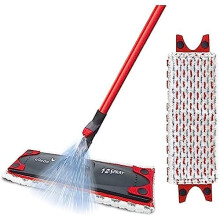 Vileda 1-2 Spray Mop, Microfibre Flat Floor Spray Mop with Extra Head Replacement, Set of 1x Mop and 1x Refill, Red