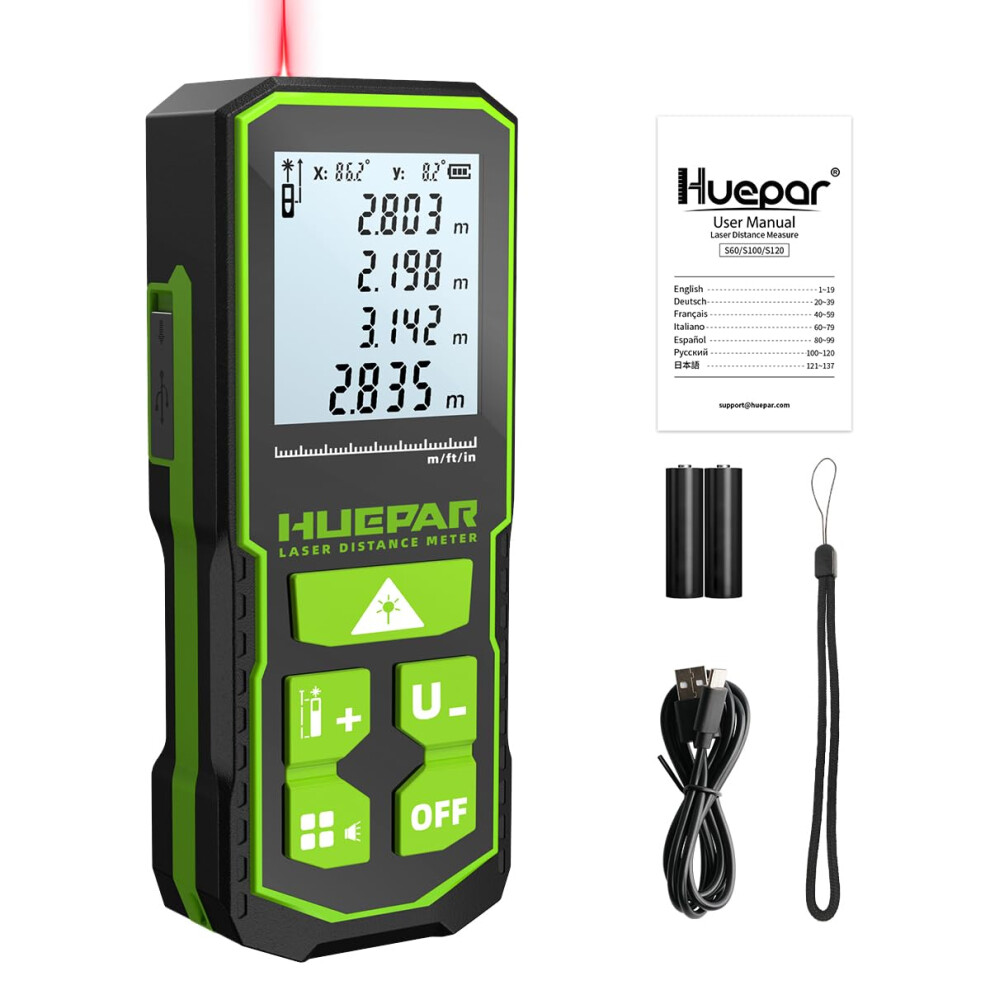 Laser Distance Meter 120M/393Ft, Huepar IP54 Laser Measure with 2 Bubble Levels, Portable Laser Rangefinder Digital Distance Meter with 4 Line LCD-image-OPC-PF2P2GR-NEW