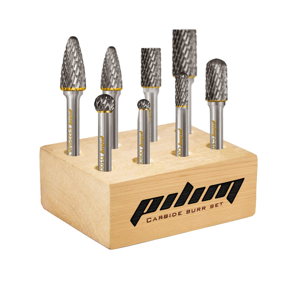 Tungsten Carbide Burr Set 1/4" Shank 8Pc Double Cut Rotary Cutting Burrs Die Grinder Bits For Steel And Wood Working, Grinding, Carving, And Engraving 5051217136841