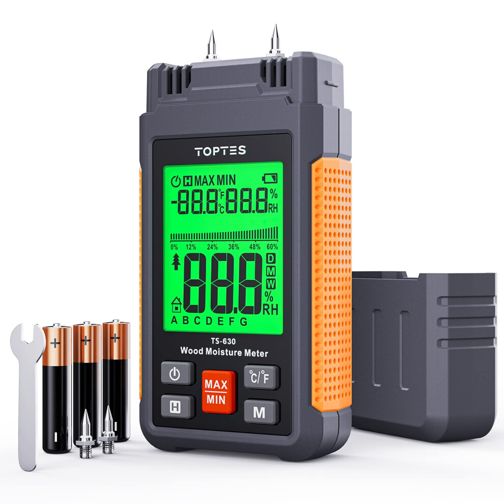 TopTes TS-630 Moisture Meter, Wood Moisture Meter with 2.25-inch 3 Colours Backlit LCD, Use for Log/Firewood/Lumber, Tracing Water Leak Dampness in