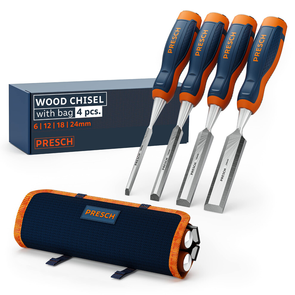 Presch chisel set for wood 4 pc. with bag - Sharp chisel set (6, 12, 18, 24mm) - Professional firmer chisel set with 25? angle - Finished ground wood