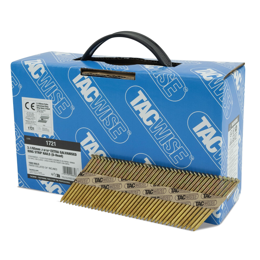 Tacwise 1721 Extra Galvanised Framing Nails 3.1/65 Mm, D Head, Ring Shank, 34? Inclined, Paper Collated, Pack Of 1600 5051217134403