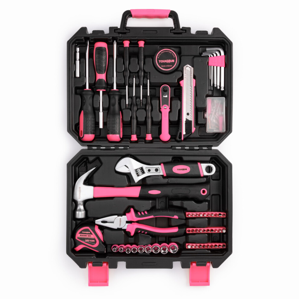 ToughHub 100 Pcs Pink Tool Kit ? DIY Hand Tool Set for Home Repairs & Maintenance - Tool Box with Tools Included Plier, Hammer, Adjustable Wrench, and