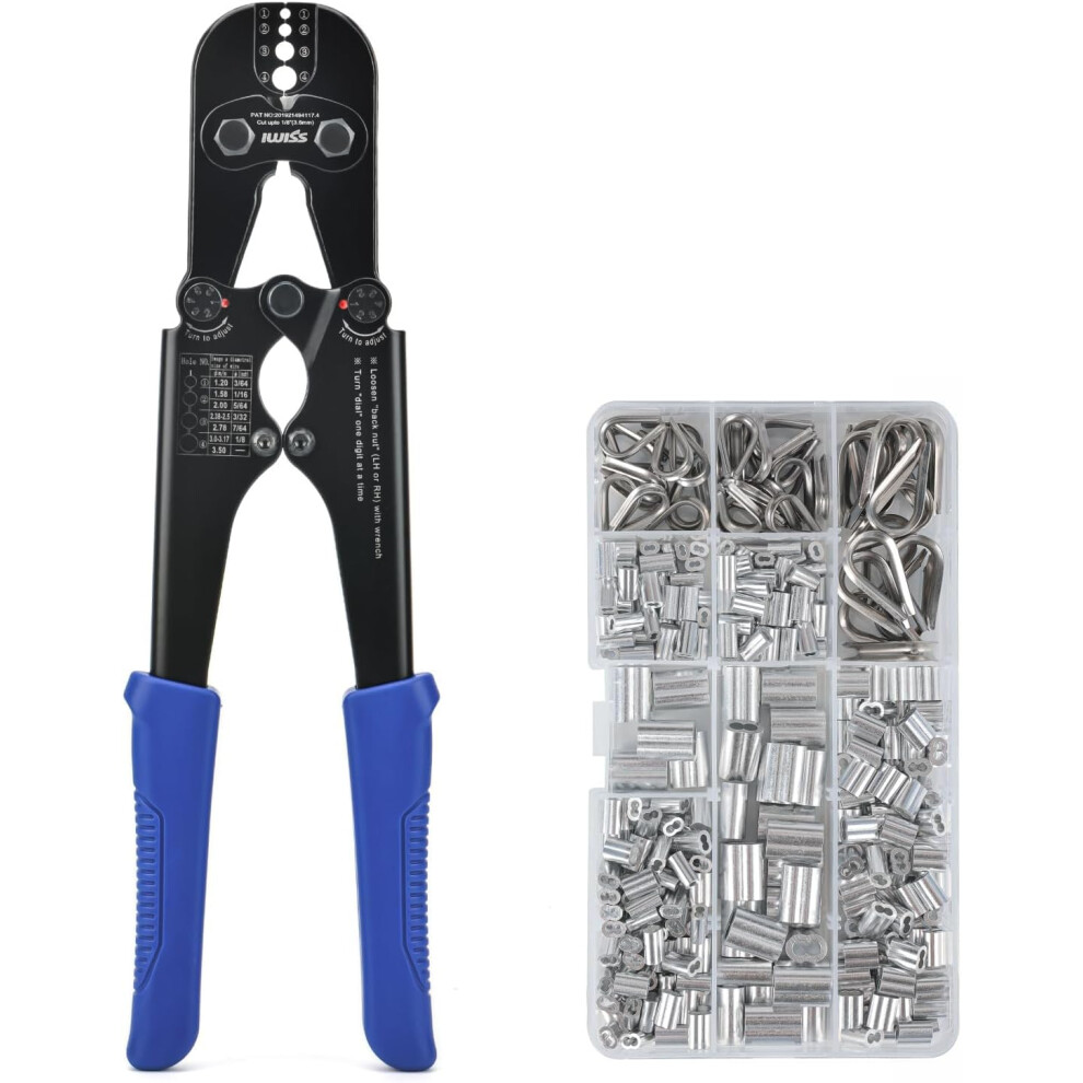 iCrimp Wire Rope Crimping Tool Kit with 330pcs Loop Sleeve and 45pcs Stainless Steel Thimble Wire Rpoe Swager Kit with Built-in Cable Cutter Fishing