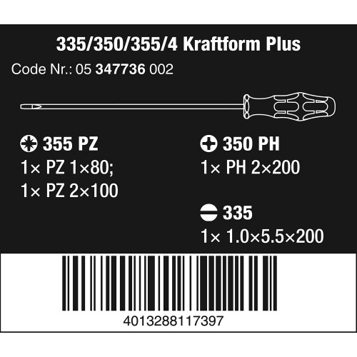 Wera Wera 335/350/355/4 Kraftform Plus Lasertip Screwdriver set, PH/PZ/SL, 4pc, 05347736002 1