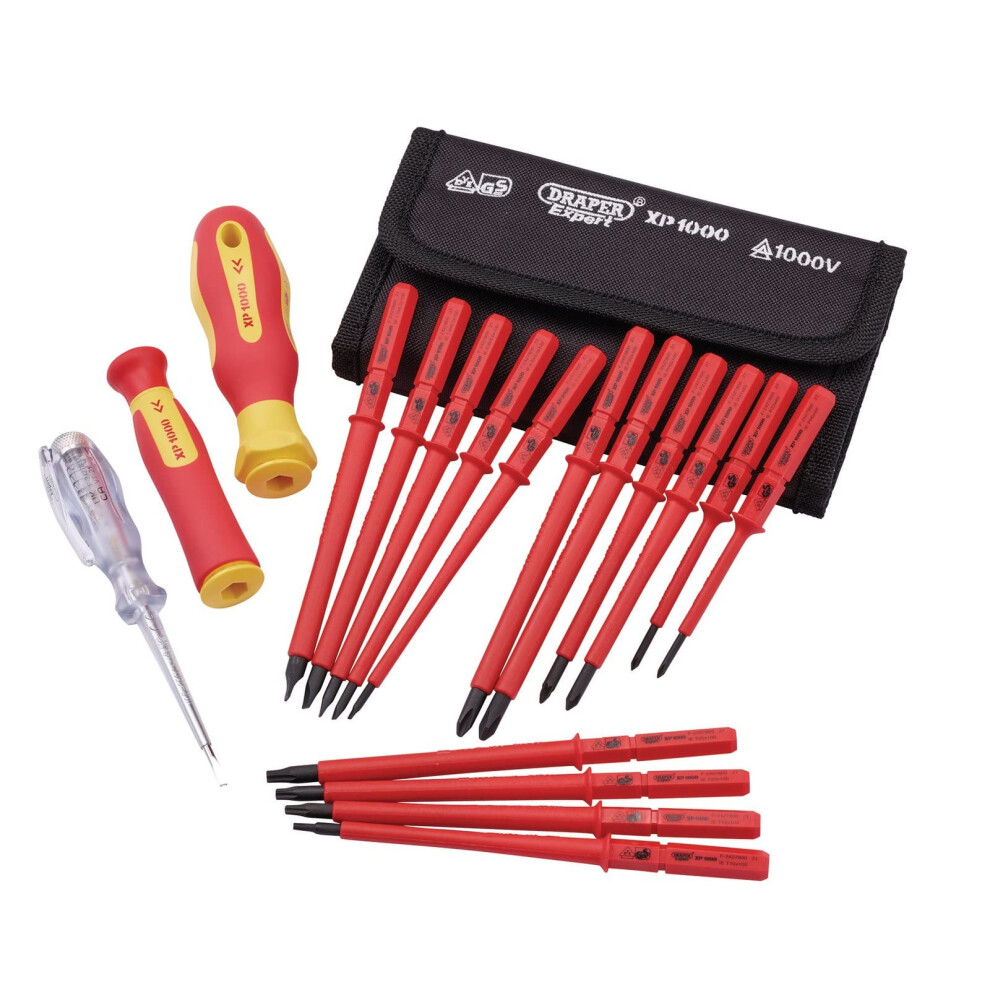 Draper XP1000 18 Piece Precision Screwdriver Set | VDE Dual Insulated Interchangeable Blade | Electrical Tool Driver Set | Hand Tools Set | 05776