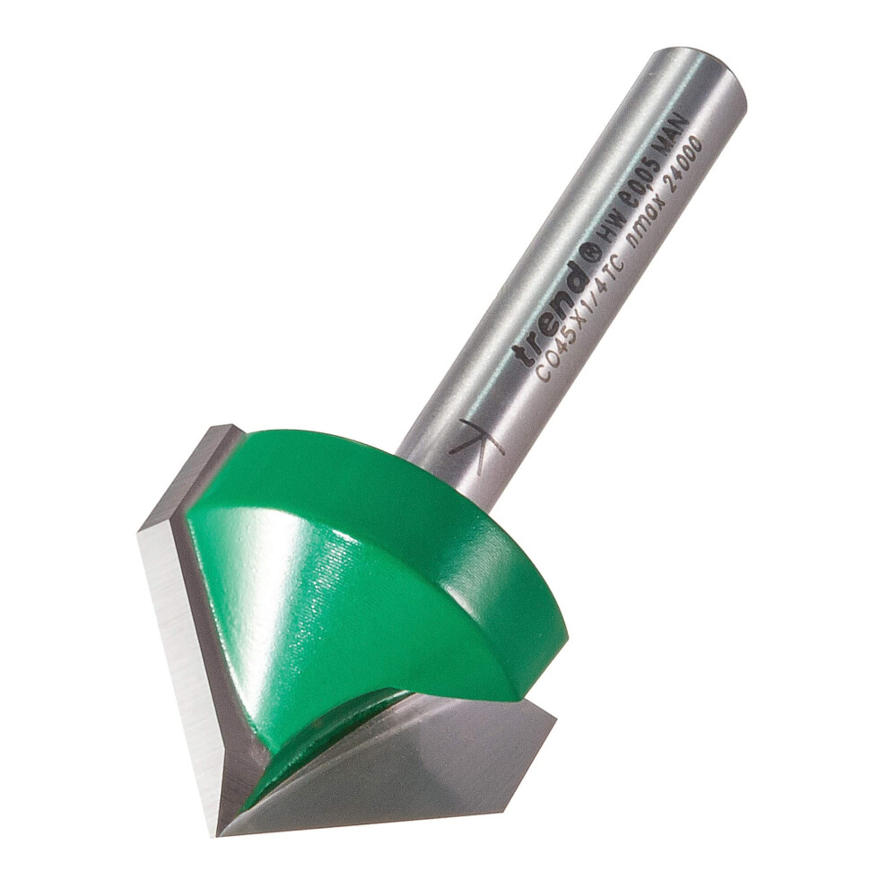 Trend Craftpro Chamfer Router Cutter Bit, 1/4 Inch Shank, 25.4Mm Cut Diameter & 45 Degree V Groove, Tungsten Carbide Tipped, C045x1/4Tc 5051217139132