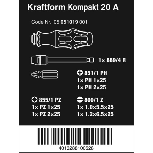 Wera Wera 051019 Kraftform compact 20a bit set, black green 1
