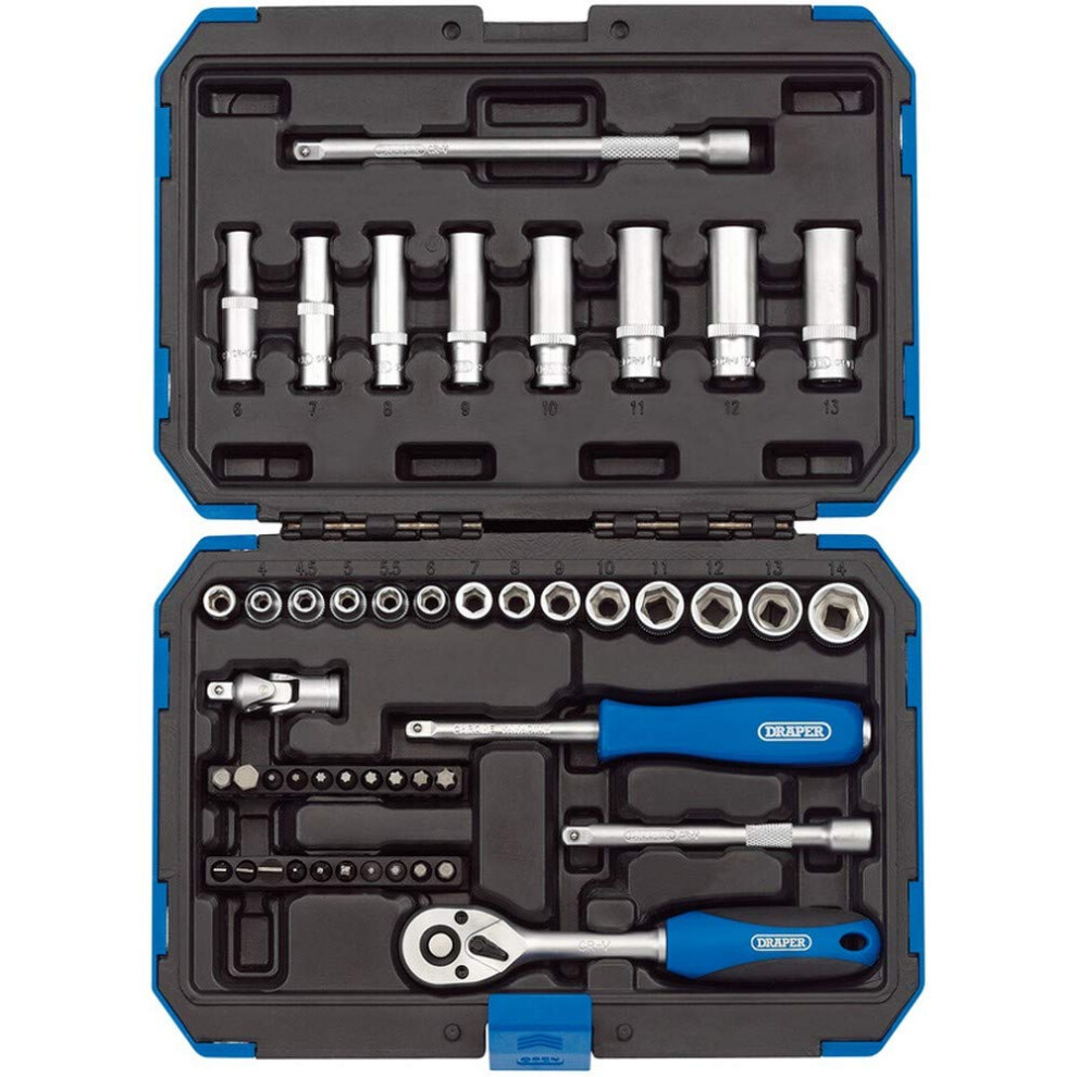 Draper 1/4" 47 Piece Square Drive Metric Socket Set | Micrometre Reversible Hand Tool |Soft Grip Ratchet | 21 Metrics Sockets Mechanics Car Tools |