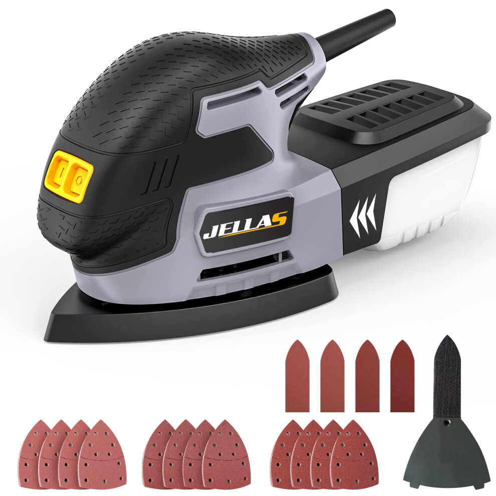 Jellas Detail Mouse Sander 220W - Compact Sander Machine For Wood, 13,000 Rpm Sanders With Dust Collection, 12Pcs Standard Sandpapers, 4 Finger 5051217142385