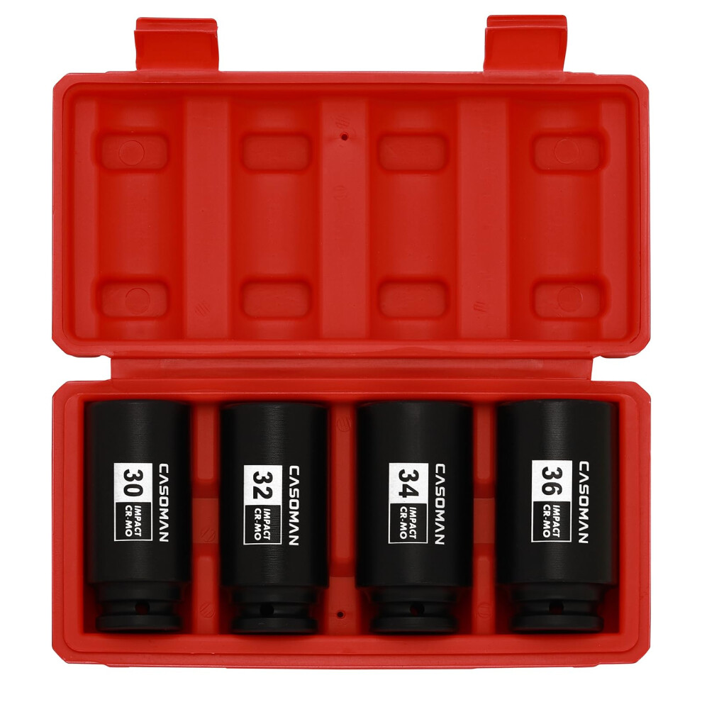 Casoman 4-Piece 1/2" Heavy Duty Impact Socket Set, 12 Point, Metric, Cr-Mo, 30,32,34,36Mm, 1/2-Inch Drive Deep Spindle Axle Nut Impact Socket Set 5051217139453