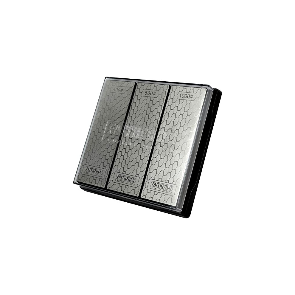 Faithfull Diamond Whetstone Sharpening Kit. 3 Stones: 400G Coarse, 600G Medium And 1000G Fine Includes Non Slip Base Unit