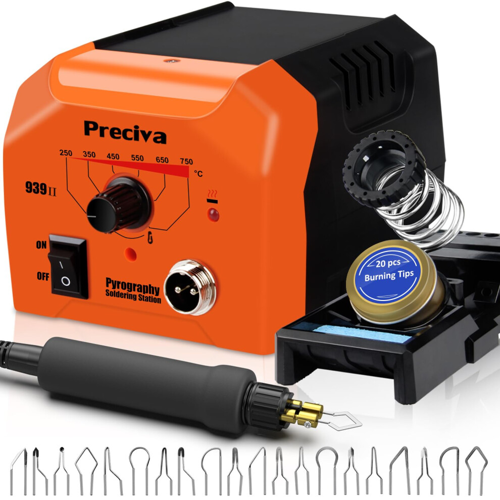 Wood Burning Pyrography Kit, Preciva Woodburner Pen Tool Set With Fast Heat Up Soldering Iron Station, 40W 250-750? Adjustable Temperature, 20 Tips 5051217142064