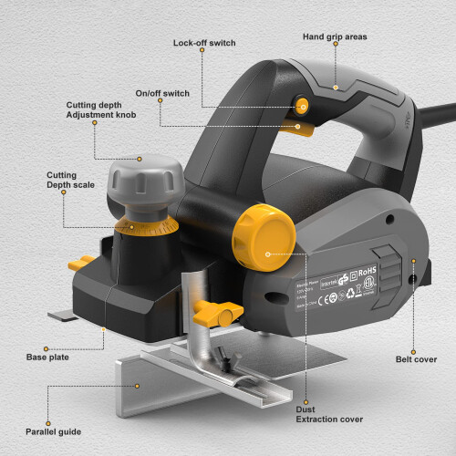 Electric Hand Planer Jellas 16000RPM Planer with 2 Reversible HSS Blades 2mm Adjustable Cut Depth Parallel Fence Bracket Ideal Planer