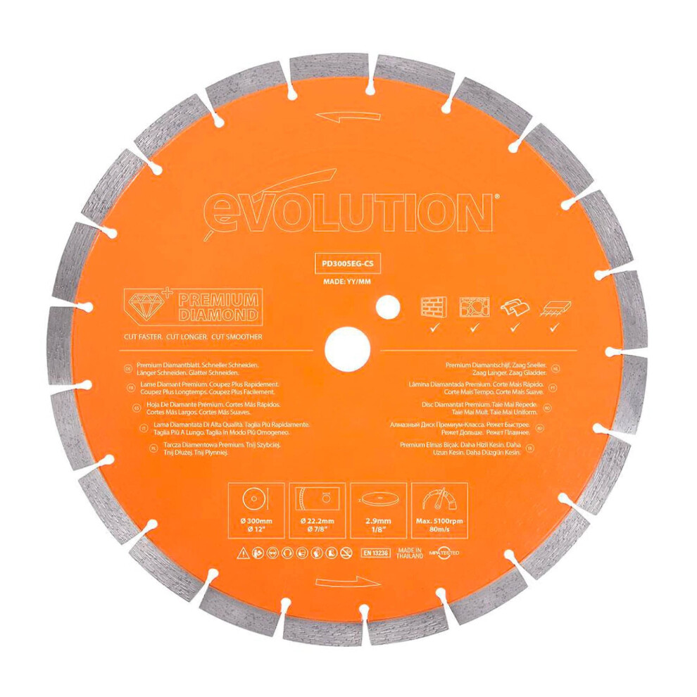Evolution Power Tools Pd300seg-Cs Premium Multi Material Diamond Blade For Disc Cutters - Longer Blade Life - Ideal For Cutting Brick, Roof Tile, 5051217140435