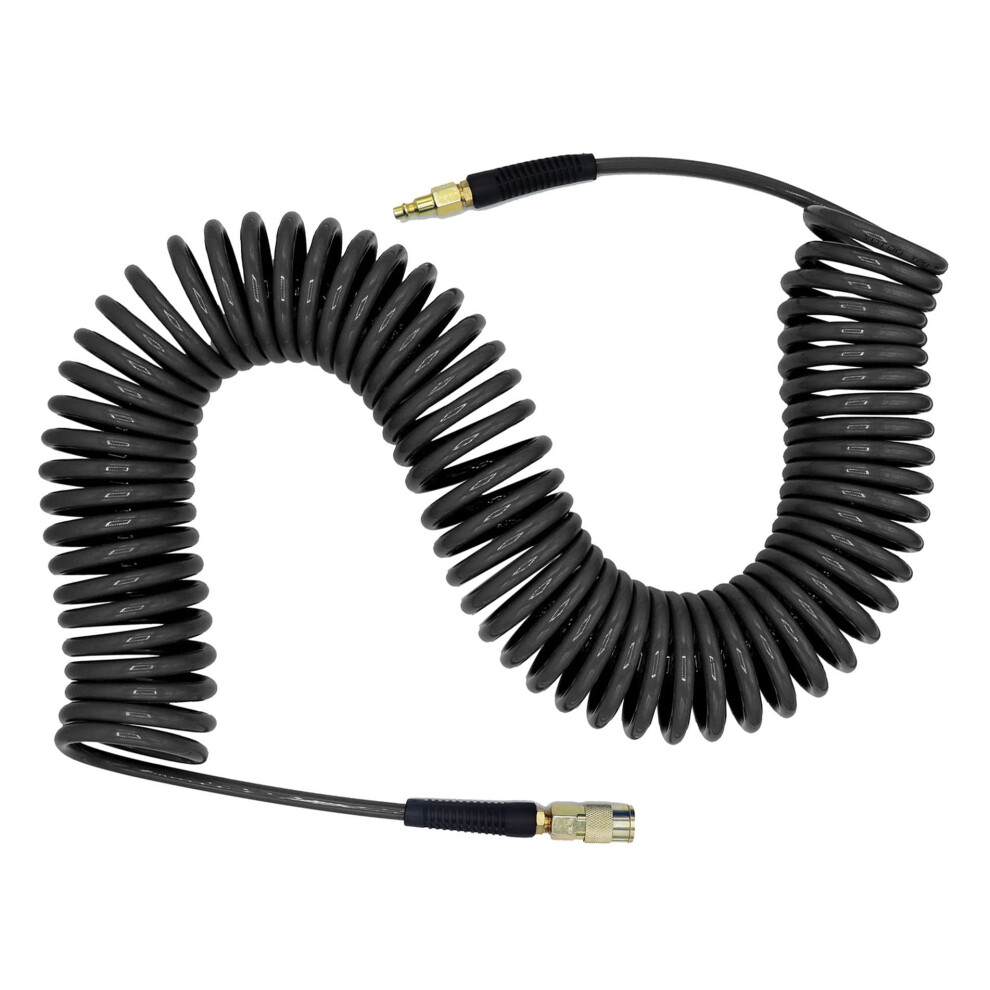 Yotoo Air Compressor Hose Polyurethane Recoil 15M Long 6Mm Id X 9.5Mm Od With Bend Restrictor, 1/4" Europe Quick Coupler And Plug, Gray 5051217138302