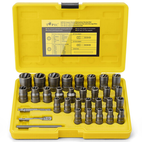 32Pcs Bolt Extractor Set, Extended version Impact Bolt & Nut Remover Set with Hex Adapter, Stripped Bolt Remover Tool Kit for Removing Damaged,