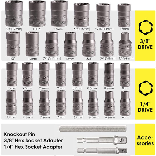 32Pcs Bolt Extractor Set, Extended version Impact Bolt & Nut Remover Set with Hex Adapter, Stripped Bolt Remover Tool Kit for Removing Damaged, 2