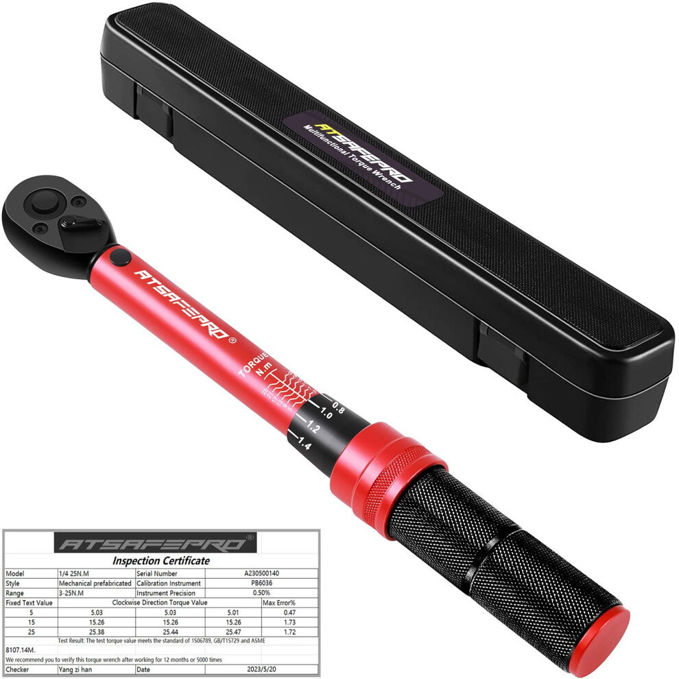Atsafepro Torque Wrench 1/4",Bike Torque Wrench 3-25Nm Drive Click High Precision Repair Spanner For Bicycle Maintenance Kit For Road And Mountain 5051217139163