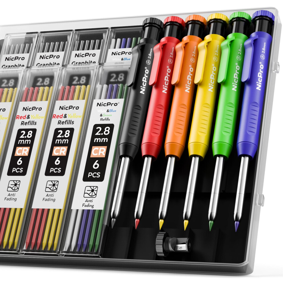 Nicpro 6 Pack Carpenter Pencil with Sharpener, Mechanical Carpenter Pencils with 54 Refills in 6 Colors, Deep Hole Marker Construction Heavy Duty