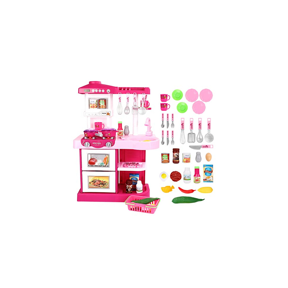 deAO My Little Chef Kitchen Play Set with 30 Accessories for Children, Features Light and Sound for Children (Pink)