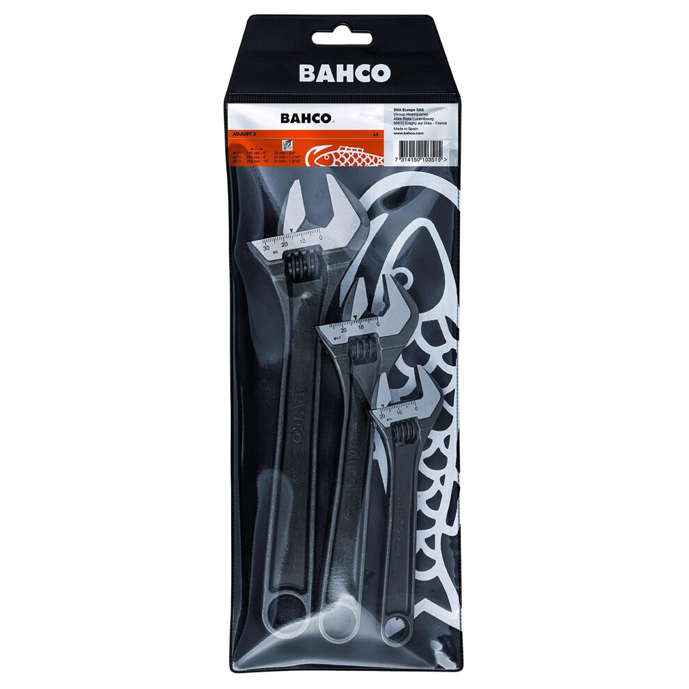 Bahco BHADJUST 3 ADJ3 Set of 3 Adjustable Wrenches (8070/8071 / 8072), Grey, 16 degree head angle