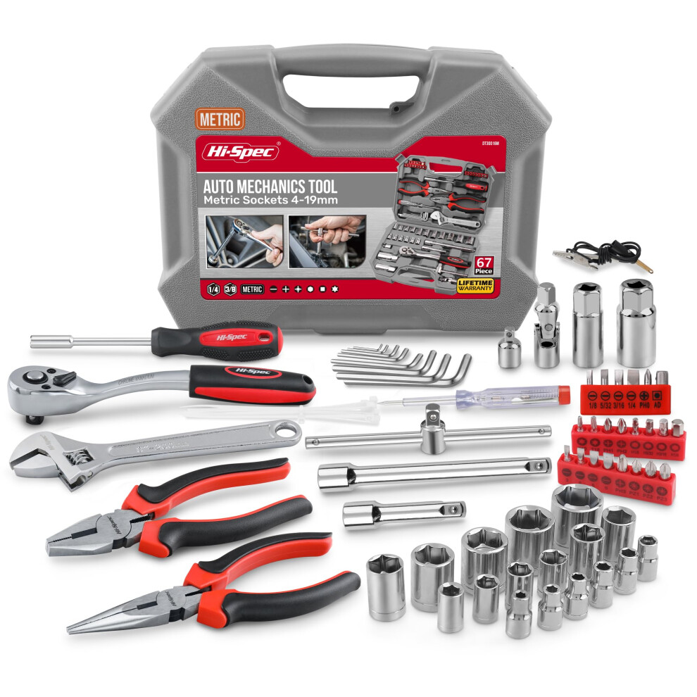 Hi-Spec 67Pc Car Tool Kit & Home Diy Mechanic Tools Set - Hand Tools For Men With Socket Set, Wrench, And Ratchet In A Tool Box. Essential Tool Set 5051217143641