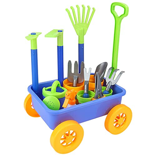 deAO Pull along Kids Wagon Wheelbarrow and Gardening Tools Play Set ...
