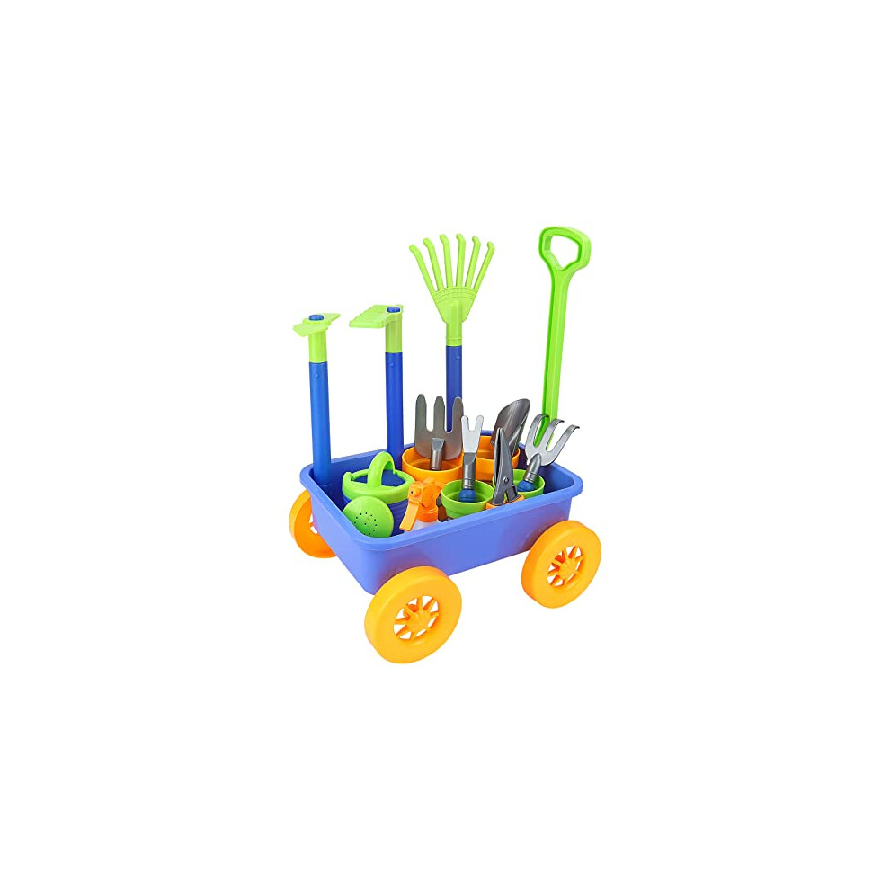 deAO Pull along Kids Wagon Wheelbarrow and Gardening Tools Play Set Includes 10 Accessories and 4 Plant Pots