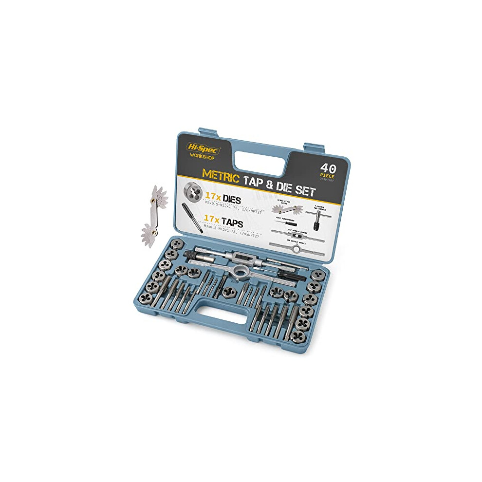 Hi-Spec 40Pc Metric Tap & Die Set. Complete M3 To M12 Tapping And Threading Tools With Tap Wrench & Screw Pitch Gauge Accessories 5051217147687