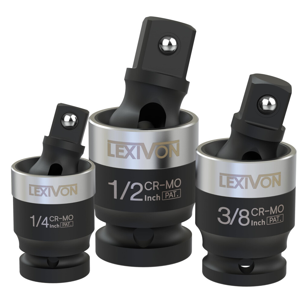 Lexivon Impact Universal Joint - Patented Slim Design | 3-Piece 1/2", 3/8", And 1/4" Socket Swivel Set | Chrome-Molybdenum Steel Full Impact Grade 5051217147892