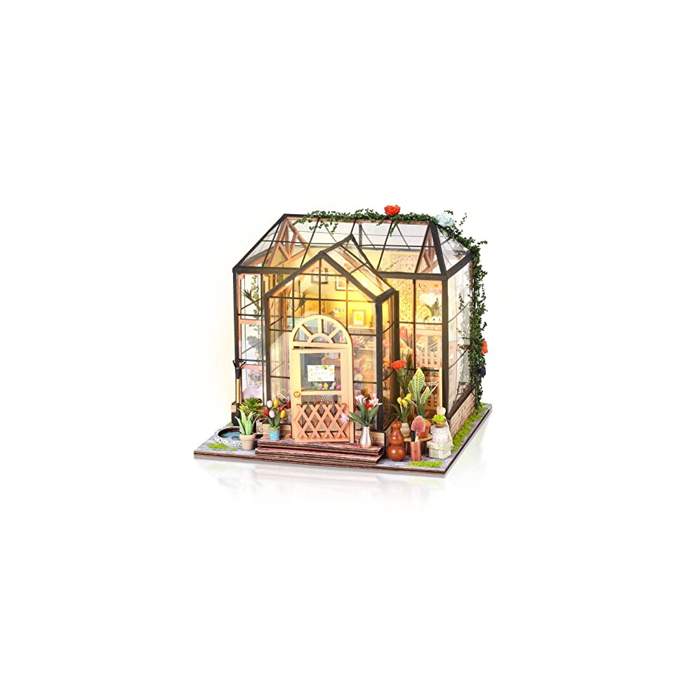 Cuteefun Miniature DIY Dolls House Kit, 1:24 Miniature Greenhouse Craft Kit for Adults, LED Warm Light, Handmade Crafts for Adults Birthday