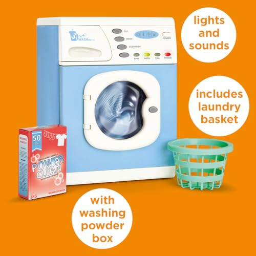 Casdon Blue Electronic Washer. Toy Washing Machine with Spinning Drum Lights and Sound Effects. Includes Laundry Basket and Washing Powder Box. on OnBuy