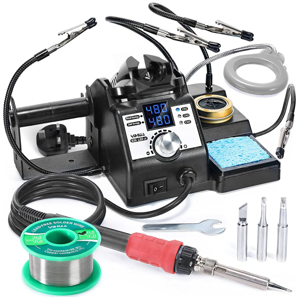 YIHUA 926LED-IV EVO 110W Soldering Station 90~480?C Soldering Kit with 4 Helping Hands, 1 Magnifier with LED, Solder Wire Dispenser, 3 Extra Soldering