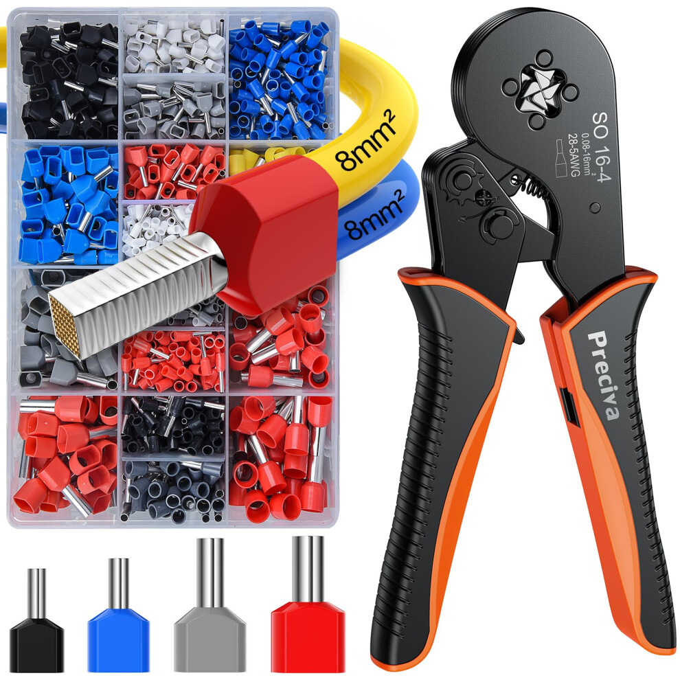 Preciva Bootlace Ferrule Crimping Tool Kit, 0.08-16Mm?/Awg28-5 Ferrule Crimping Tool With 1200Pcs Ferrules(300 Dual Wire Terminals), Crimping Tools, 5051217147571