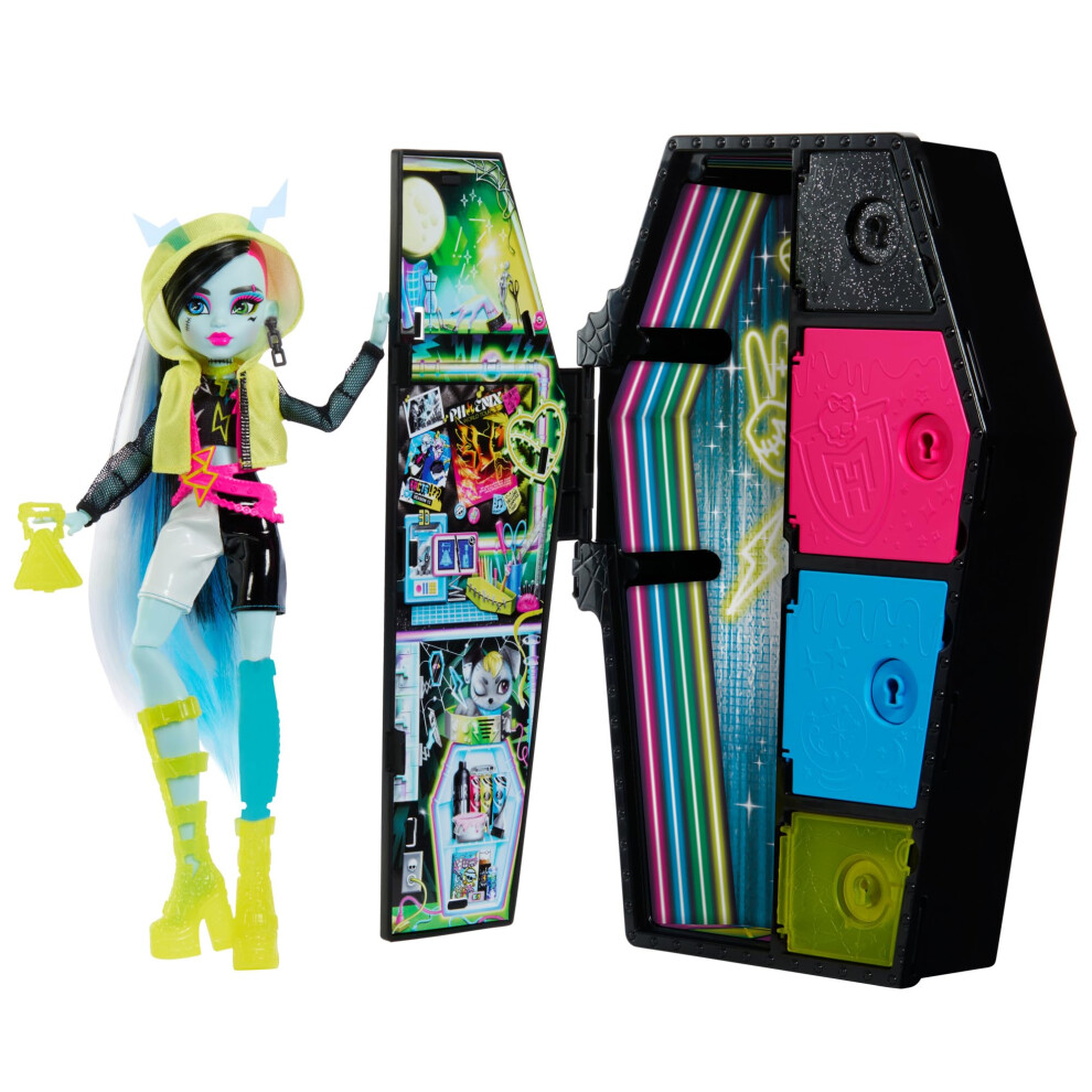 Monster High Doll and Fashion Set, Frankie Stein Doll, Skulltimate Secrets: Neon Frights, Dress-Up Locker with 19+ Surprises, HNF79