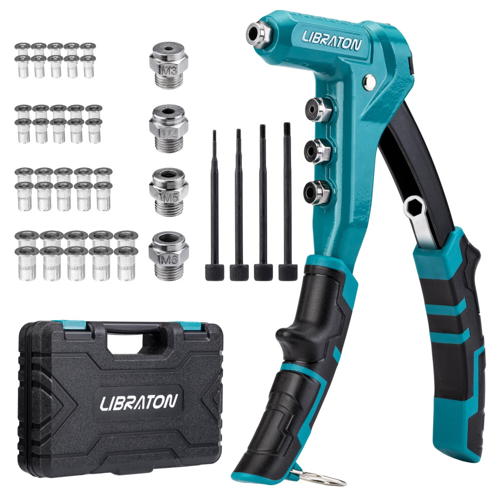 Libraton 9.5" Rivet Nut Tool, One-Handed Rivet Nut Gun, Hand Rivet Nut Setter With 40Pcs Threaded Rivet Nuts, M3, M4, M5, M6, Metric Interchangeable 5051217143566