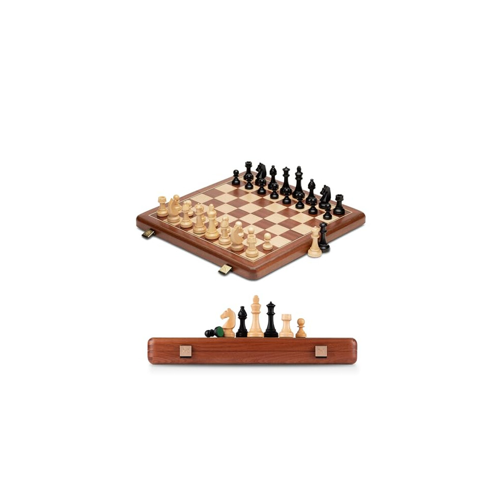 a-a-15-inch-wooden-folding-chess-set-w--3-inch-king-height-staunton-chess-pieces---2-extra-queens---natural-mahogany-wood