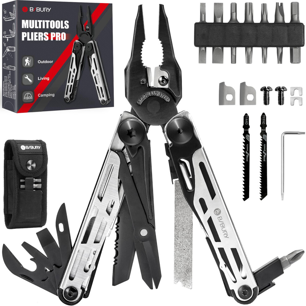 BIBURY Multitools, Multi Tool Foldable Pliers with Upgraded Scissors and Screwdriver Set, Stainless Steel Multitools - Pro, Ideal for Camping,