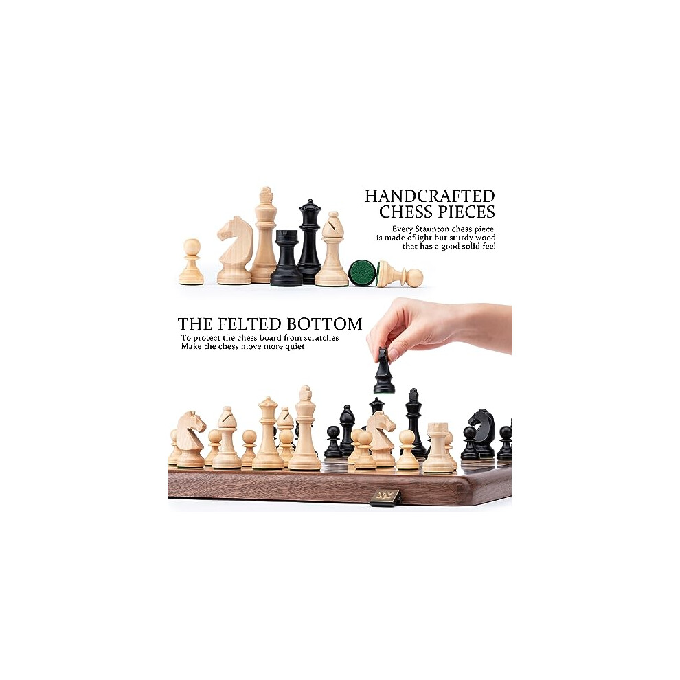 a-a-15-inch-wooden-folding-chess-set-w--3-inch-king-height-staunton-chess-pieces---2-extra-queens---natural-walnut-wood