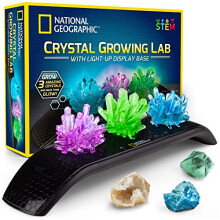 National Geographic Crystal Growing Kit - 3 Vibrant Coloured Crystals to Grow with Light-Up Display Stand & Guidebook, Includes 3 Real Gemstone